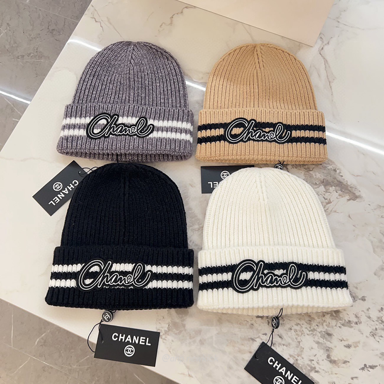 Chanel Knitted Cold Hat White Black Gray Brown (6) - newkick.cc